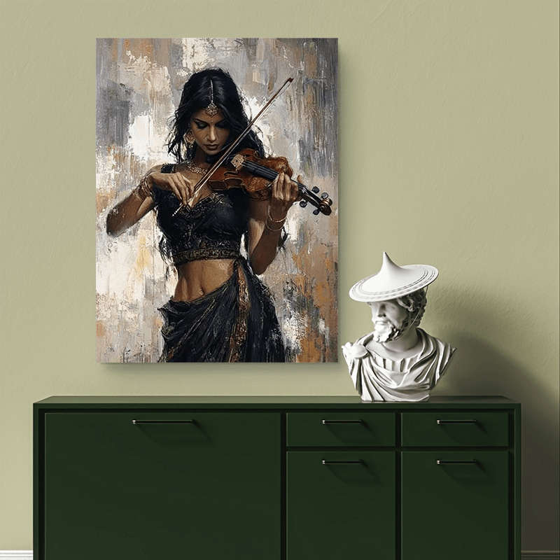 1pc  Graceful Violinist Printed Canvas Wall Art Portrait of a Woman in Black Traditional Attir