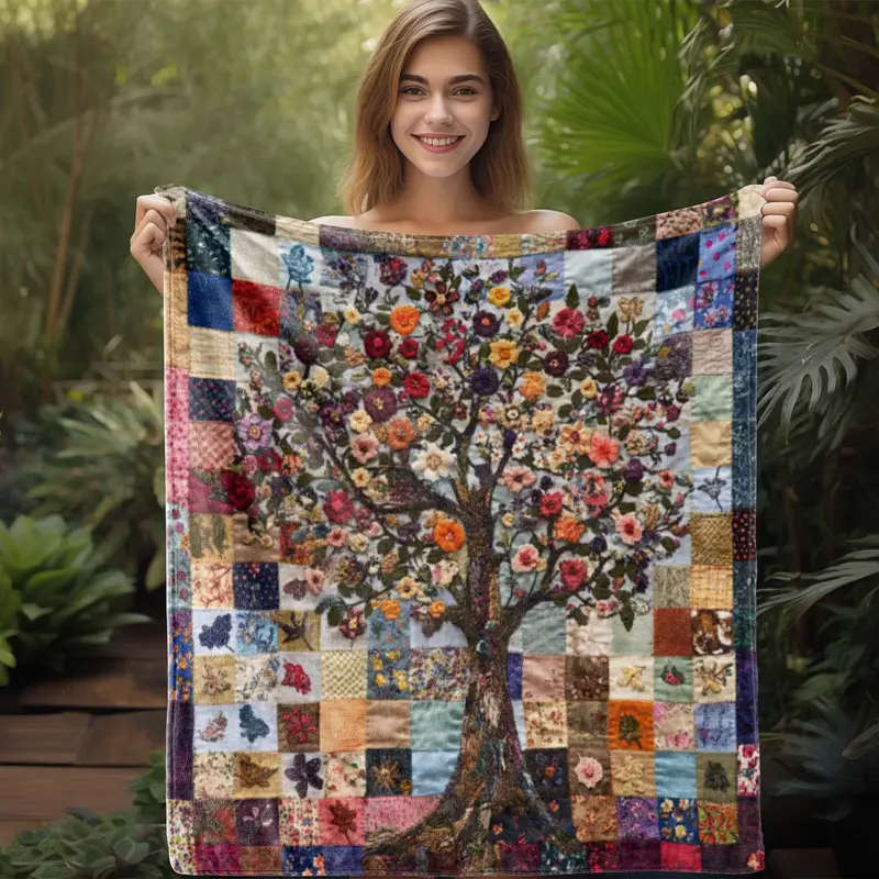 1pc Colorful Floral Tree Patchwork Flannel Quilt 130*150cm