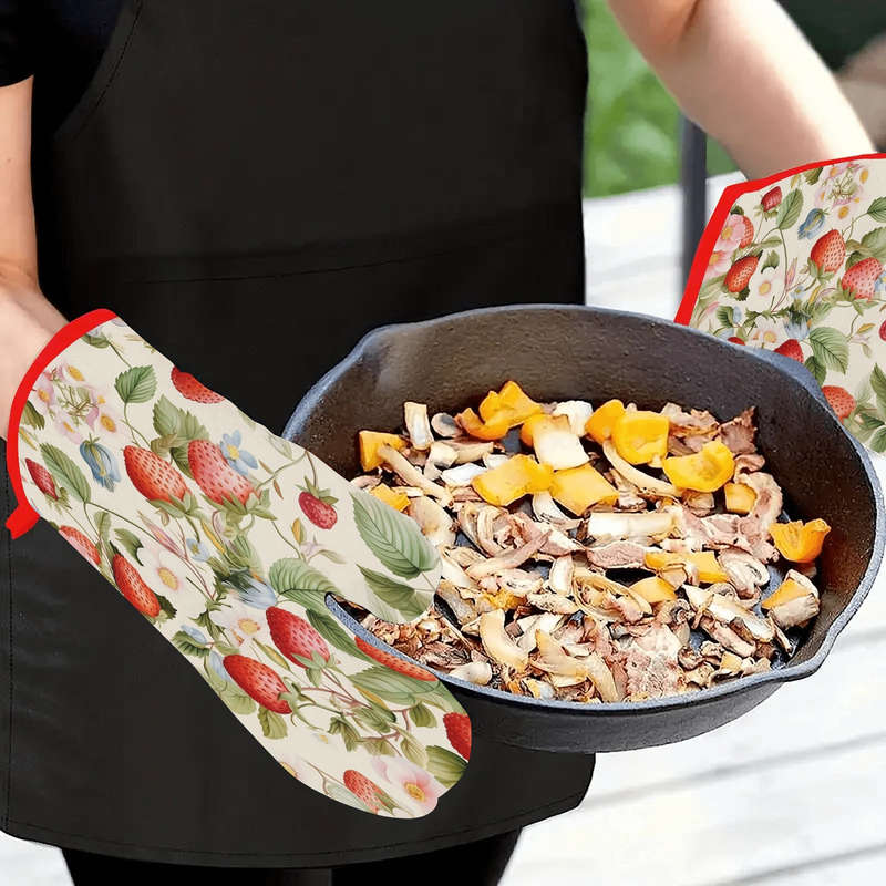 2pcs Strawberry and Floral Pattern Silicone Oven Mitts Pot Holders Thickened Non-Slip Heat R