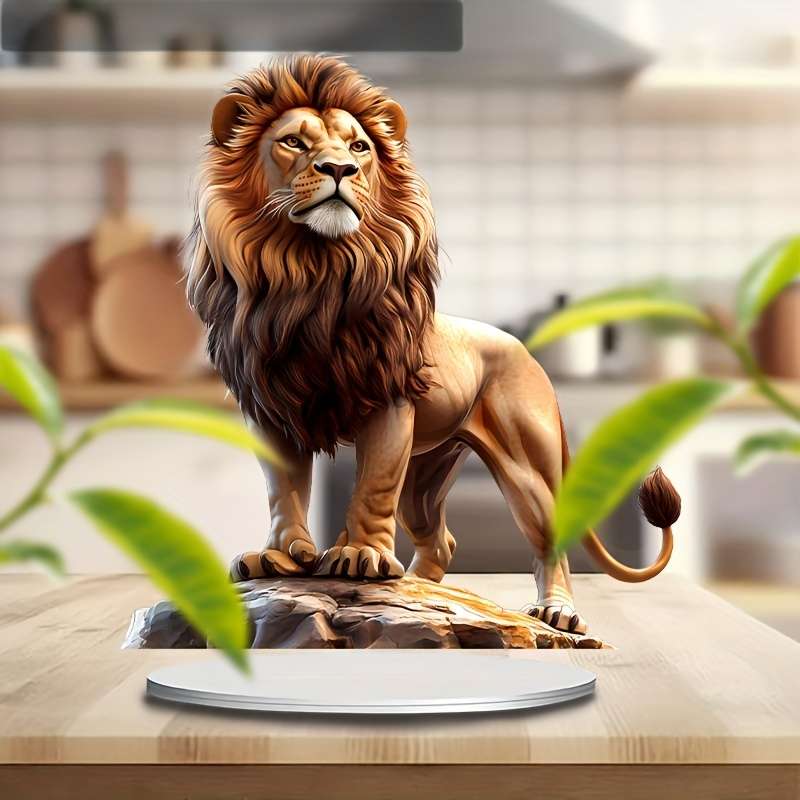 1pc 2D Flat    Acrylic Majestic Lion Sun Catcher with Wooden Base 17.78cm x 19.99c