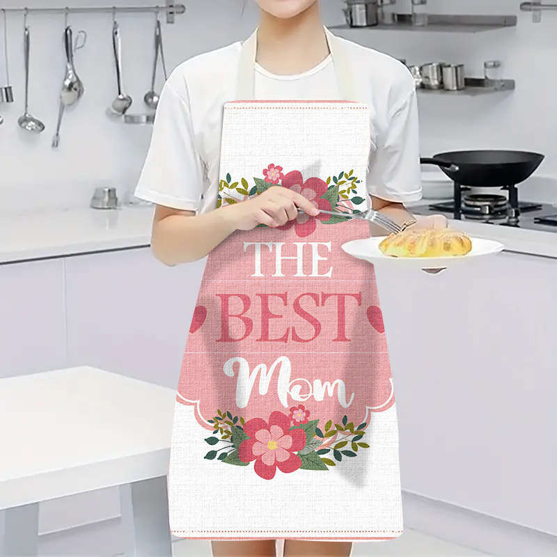 1pc Mother'S Day Apron Polyester Woven Adjustable Neck Floral "The Best Mom" Design Perfec