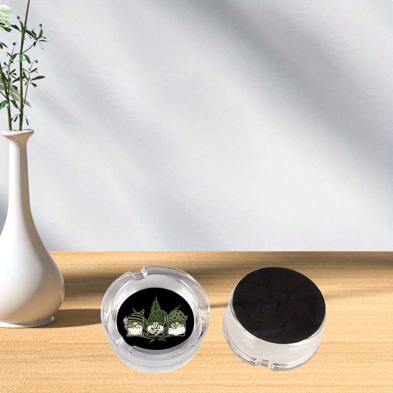 1pc Round Clear Glass Ashtray Black Background with Tri-color Geometric Plant Design Modern Desk