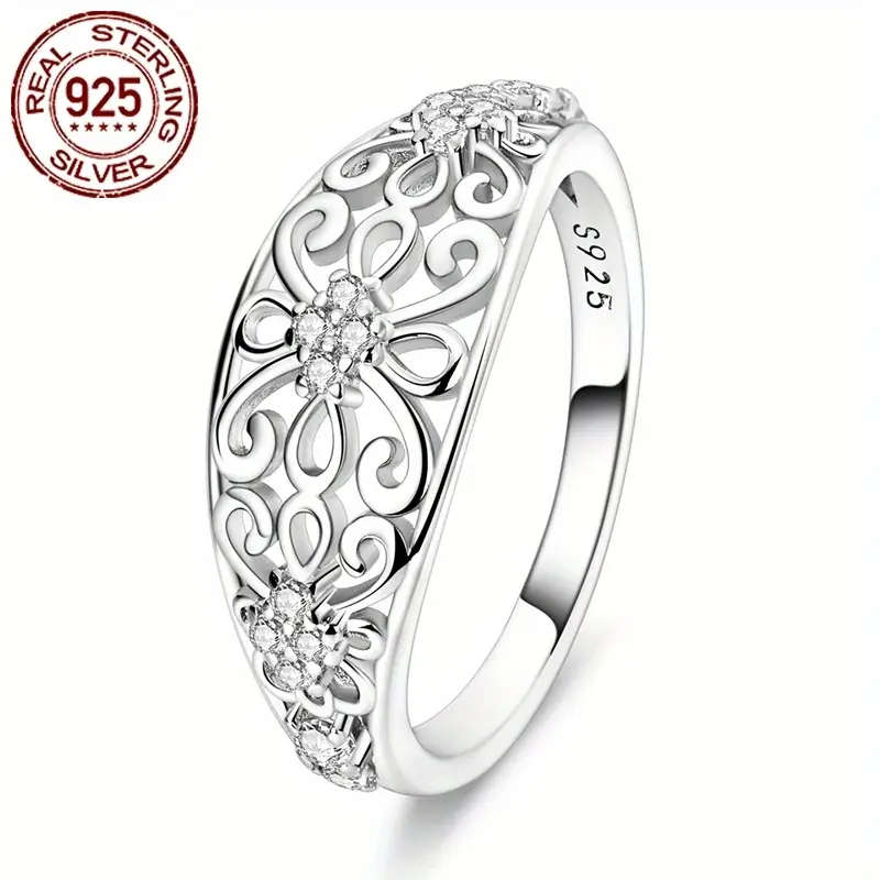 925 Sterling Silver Vintage Hollow Flower Pattern Inlay Zirconia Ring