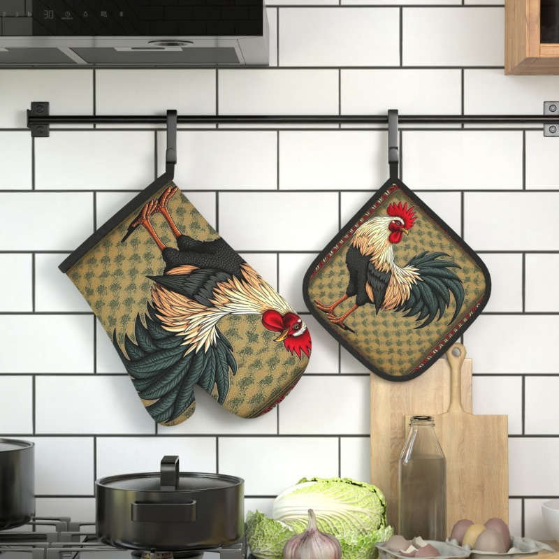 2pcs 26.92x17.02 cm Heat-Resistant Oven Mitts and Pot Holders Vibrant Rooster Design Durable