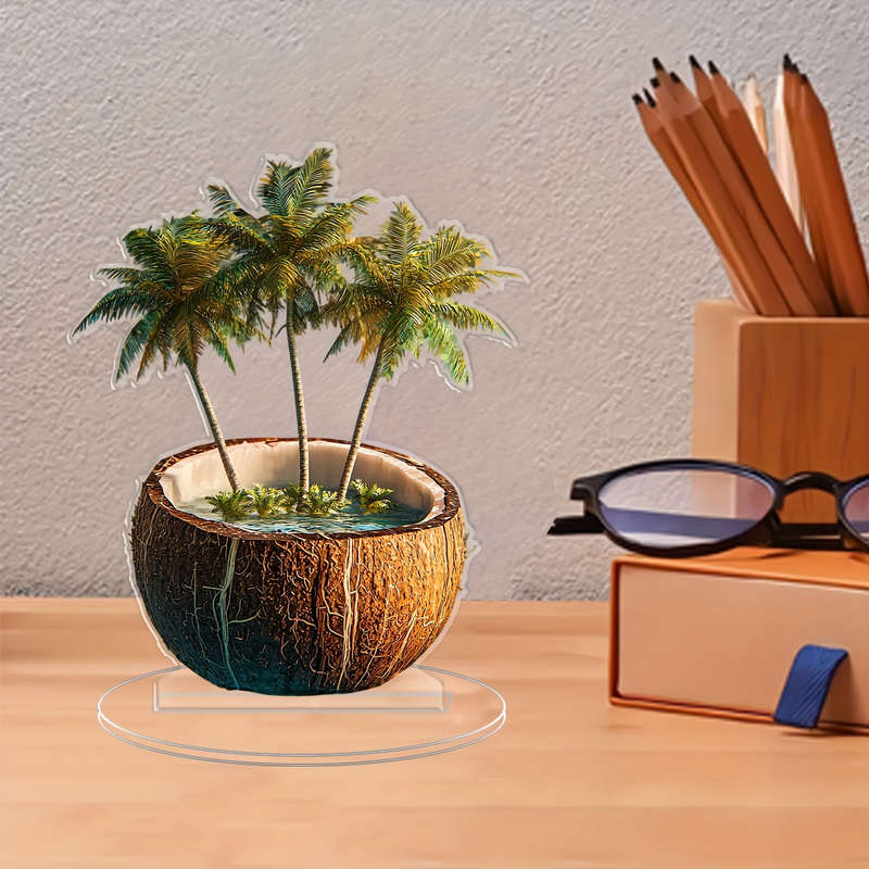 1pc 2D Flat    Acrylic Coconut Shell Planter with Palm Tree Design Clear Decorative Desktop