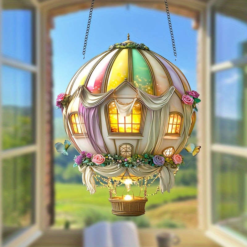 1pc 2D Flat   Acrylic Whimsical Hot Air Balloon Sun Catcher 15.24cm x 20.32cm Colorful Floral Theme
