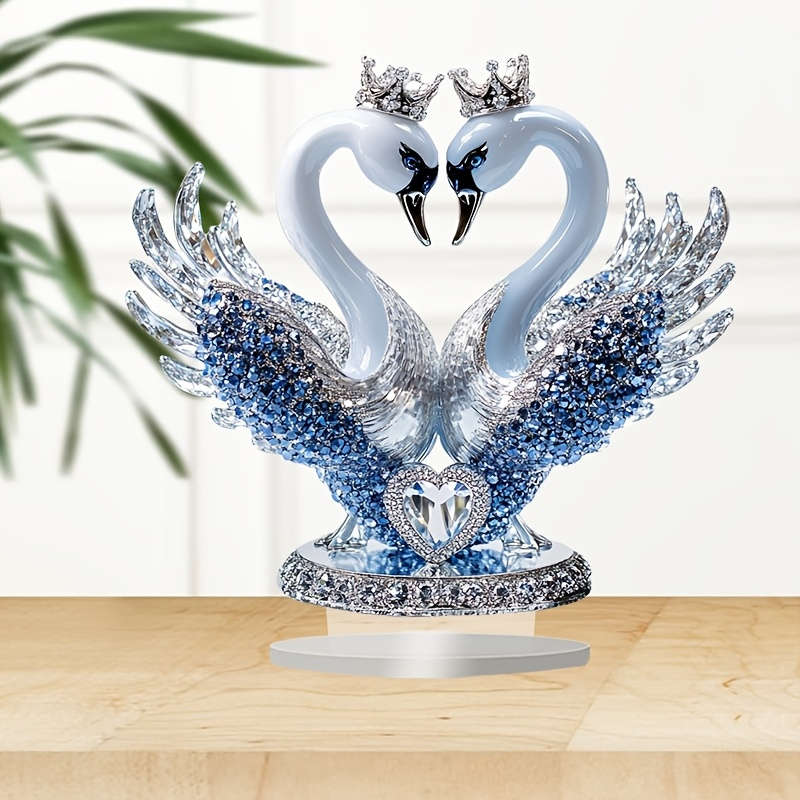 1pc 2D Flat   Ornate Style Acrylic Swan Statue with Heart Shaped Crown Romantic Desktop Decorat