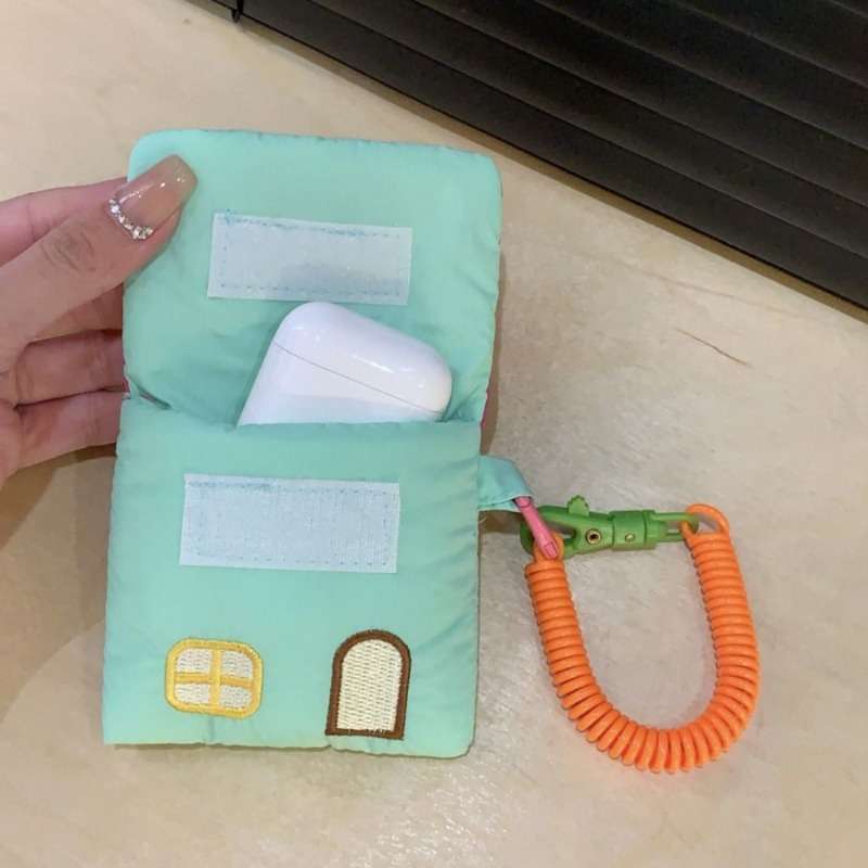 1pc Cute House-Shaped Keychain Pouch Mini Polyester Storage Bag with Rope Closure Pastel Colors