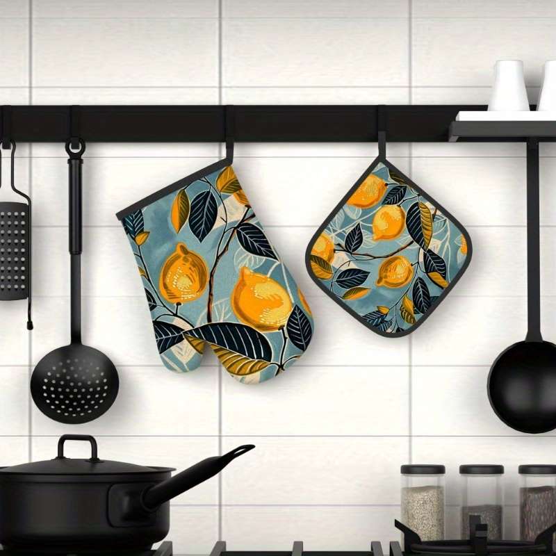 2pcs Lemon Leaf Pattern Oven Mitts Heat Resistant Non-Slip Kitchen Gloves for Baking Grilli