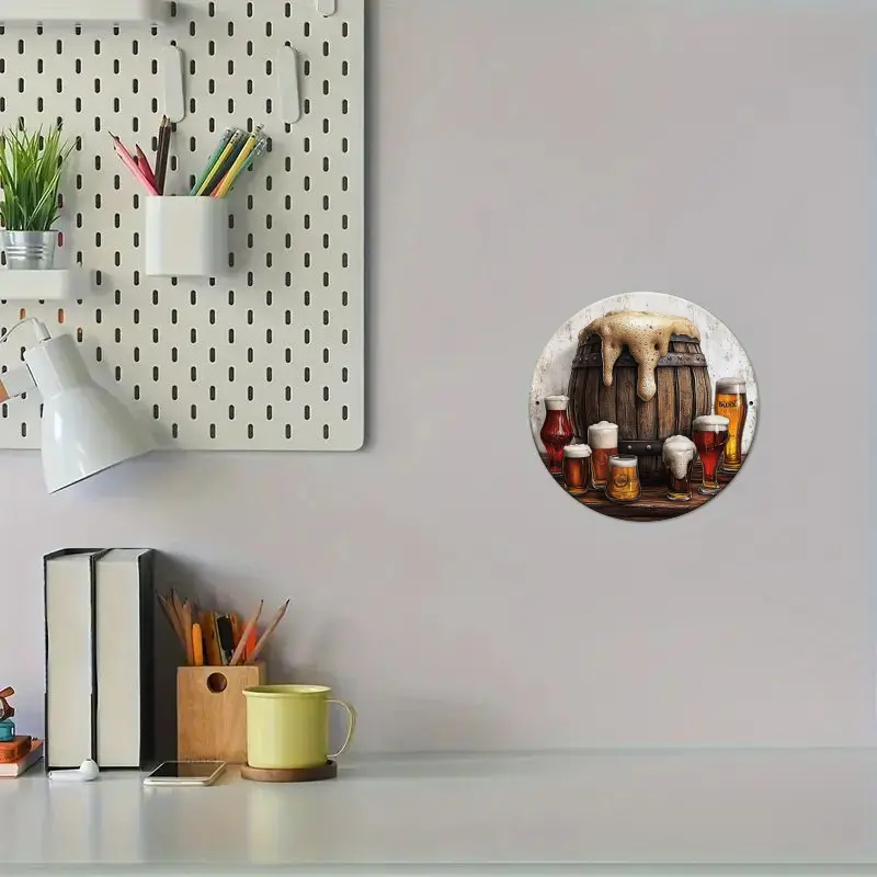 1pc Room Decor Vintage Wooden Barrel Aluminum Wall Sign 8-Inch Round Foil Engraving Art Decor with O