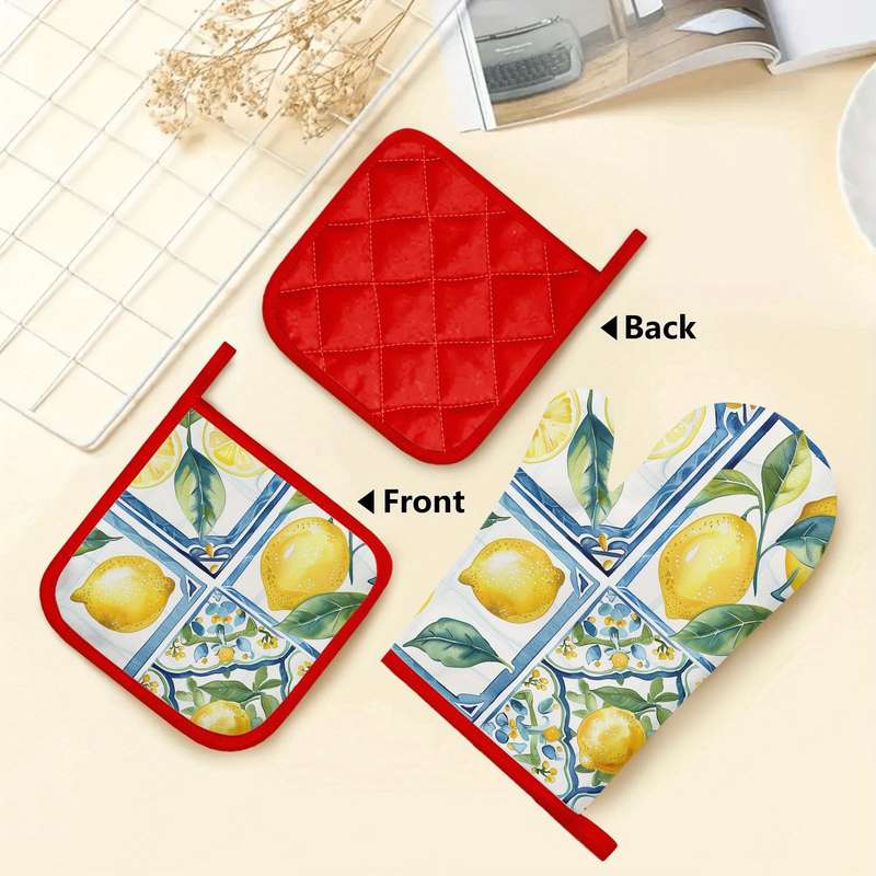 2pcs Lemon Fresco Oven Mitts Pot Holders Thickened Silicone Heat Resistant Cooking Gloves w