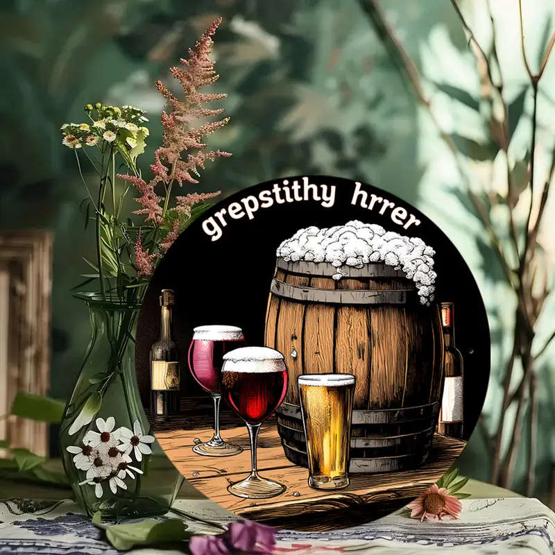 1pc Vintage Barrel Wine Glasses 19.81cm Round Aluminum Sign GREPSTITH HIRRER Beer Wine Illustration