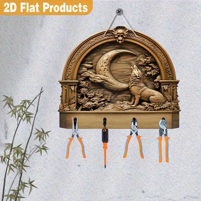 2D Flat 1pc Moon Wolf Simple Colorful Wooden and Home Key Holder with Four Metal Hooks 2D Flat Wal