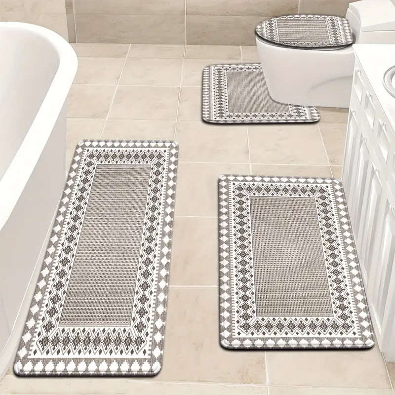 4-Piece Nordic Peach Diamond Check Bathroom Mat Set