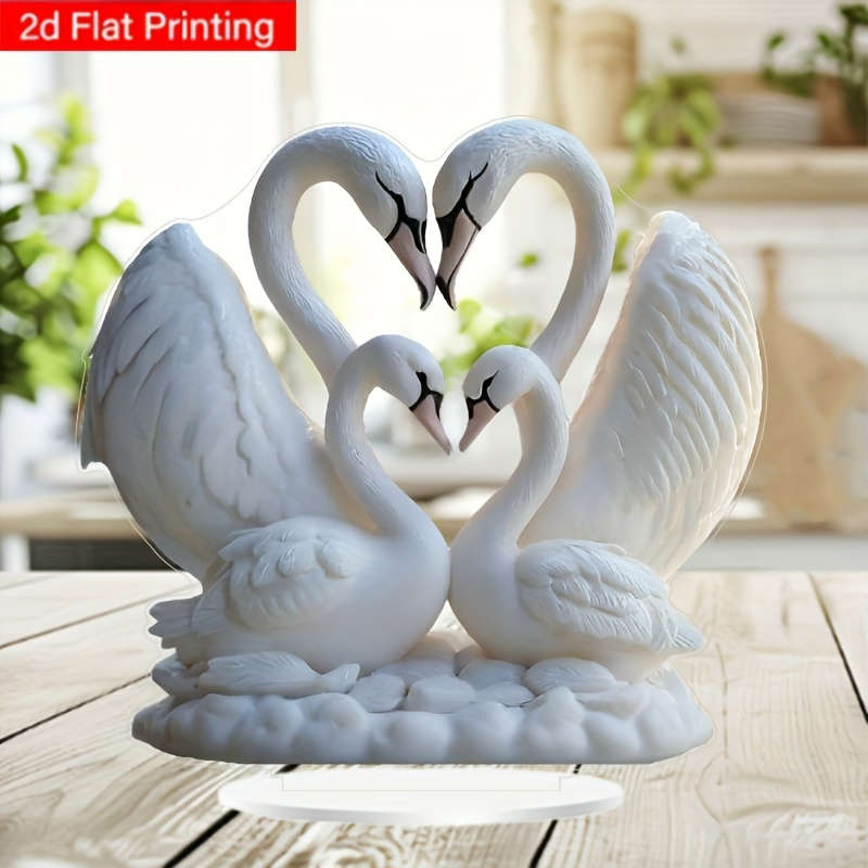 1pc 2D Flat   Acrylic Swan Couple Heart Sculpture Elegant Desktop Decor with Display Stand Rom