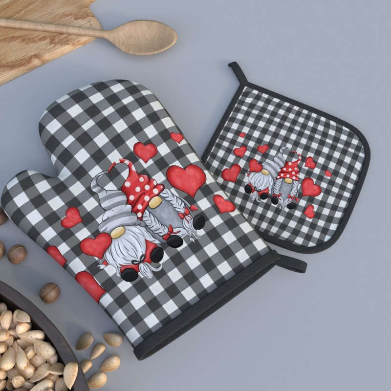 2pcs Valentine's Day Oven Mitts Potholders Heat-Resistant Black White Checkered with Red