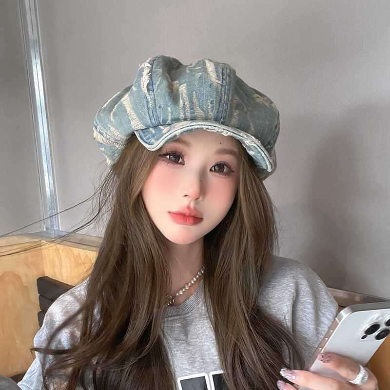 1pc Vintage Distressed Cloud Pattern Beret Hat Acrylic Lightweight Painter Cap with Stripe Cra