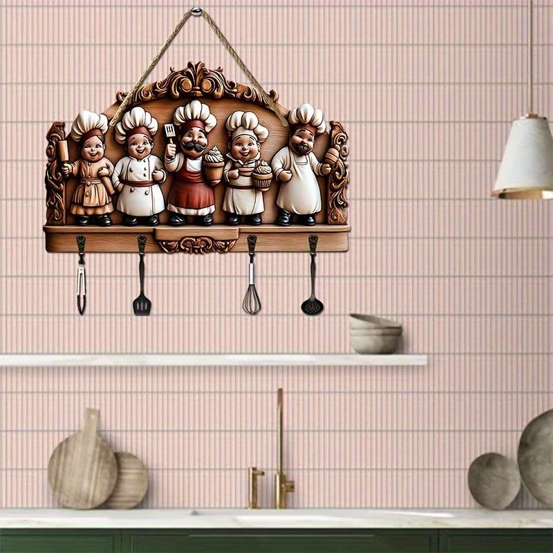 1pc Happy Chef Family Wooden Key HolderVintage Style Wall-Mounted Decor with Four Metal Hooks 2D