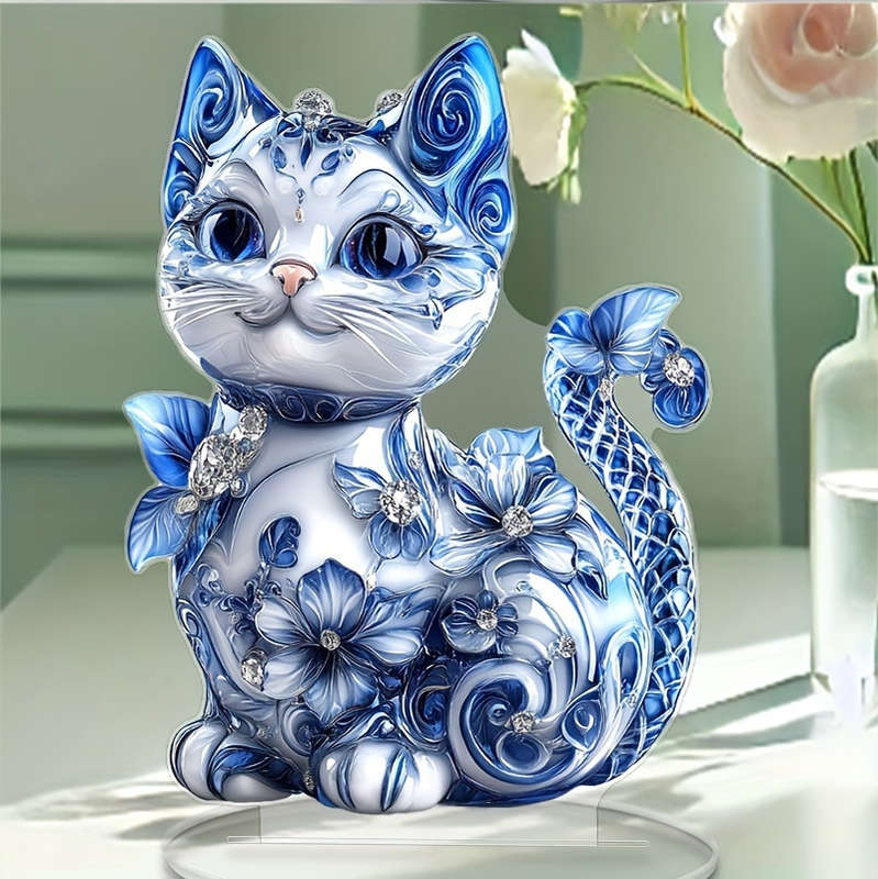 1pc 2D Flat   Bohemian-StylePrinted Acrylic Cat Figurine with Blue Floral Gemstone Ac