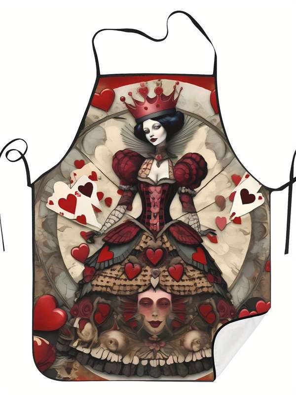 1pc Vintage-Inspired Playing Card Queen Kitchen Apron Polyester Red and White Adjustable Ties