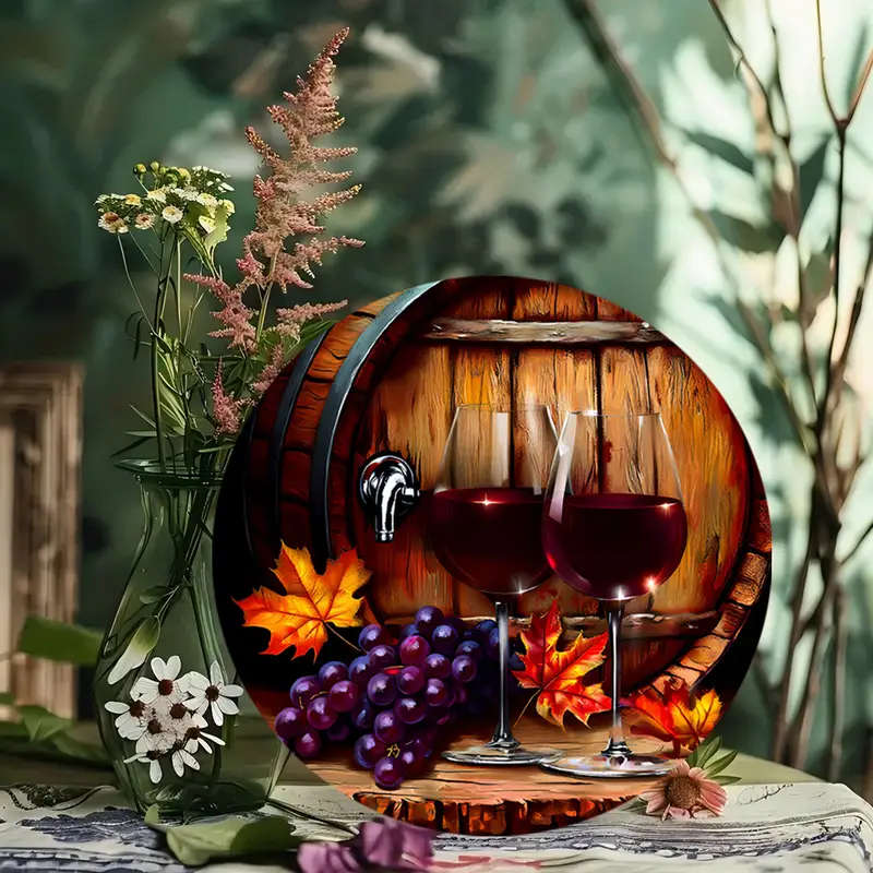 1pc Grapes and Red Wine Theme Decorative Painting Theme Round Aluminum Sign Wall Art Diameter 18.46c
