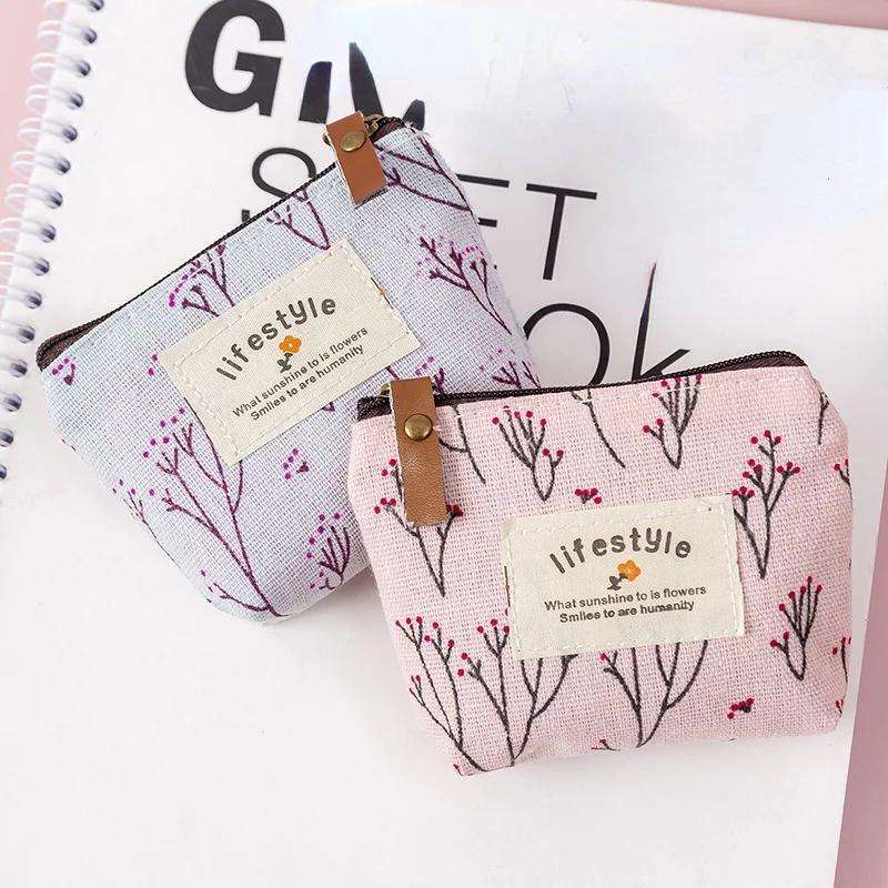 1pc Chic Floral Canvas Coin Purse Key Pouch Compact Zippered Wallet with Earphone Storage Ligh