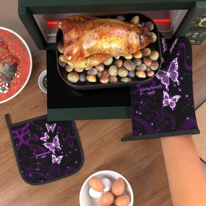 2pcs Purple Dream Butterfly Polyester Oven Mitts Heat Resistant Pot Holders Machine Washable