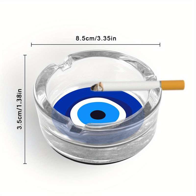 1pc Round Glass Ashtray with Blue White Black Eye Design Modern Artistic Desktop Decor for Office
