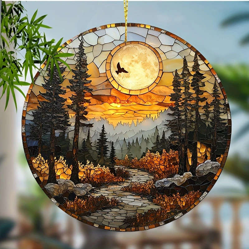 1pc 2D Flat Bohemian Sunset Mountain View Light Catcher 7.62cm Acrylic Stained Glass Window Hanging