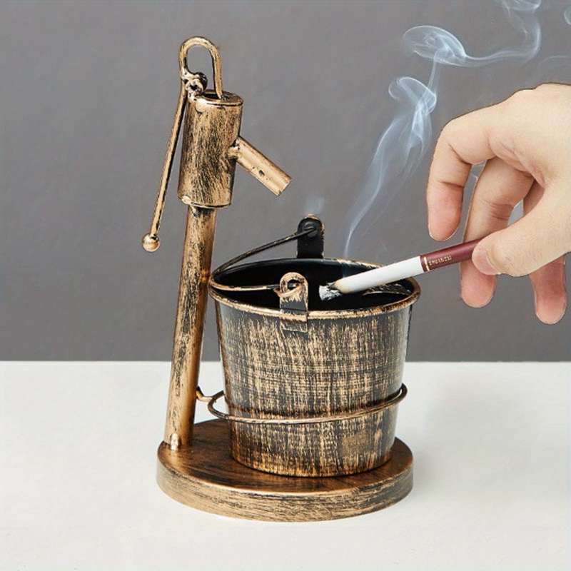 1pc Vintage European-Style Copper Ashtray with Faucet Design C Decorative Iron Art for Home Office