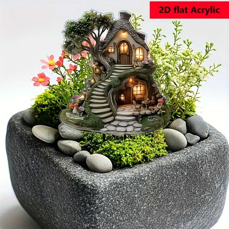 1pc 2D Flat  Glimm-Style Crystal Fairy Tree House Garden Plate Enchanting Lawn Ornament with Ston