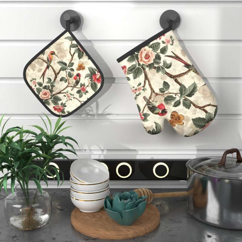 2pcs Floral Oven Mitts and Pot Holders Set Heat Resistant Machine Washable Polyester Ideal