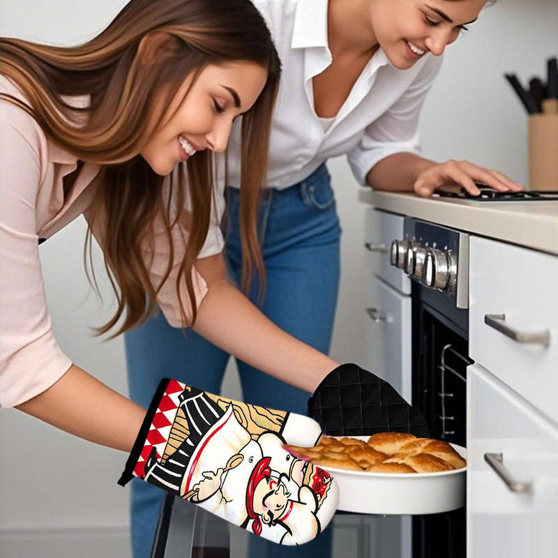 2 piece set Kitchen Oven Gloves and Hot Pads Pizza Chef Design for Kitchen Cooking Baking and