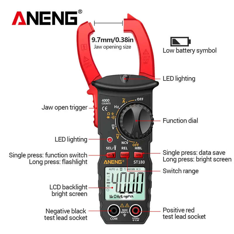 1pc ST180 4000 Counts Digital Clamp Multimeter High Precision AC DC Voltage Current Resistance