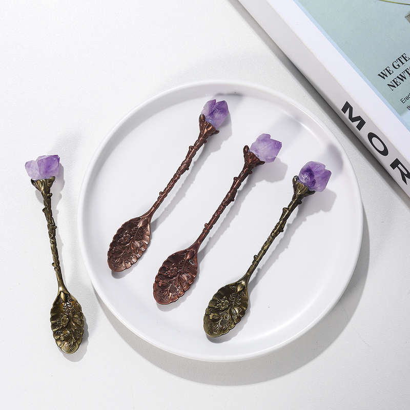 1pc Natural Amethyst Cluster Teaspoon Tooth Flower Gem Sweetmeats Spoon Decorate Gift