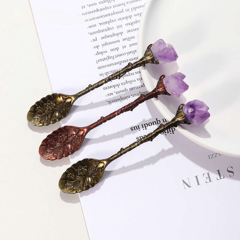 1pc Natural Amethyst Cluster Teaspoon Tooth Flower Gem Sweetmeats Spoon Decorate Gift