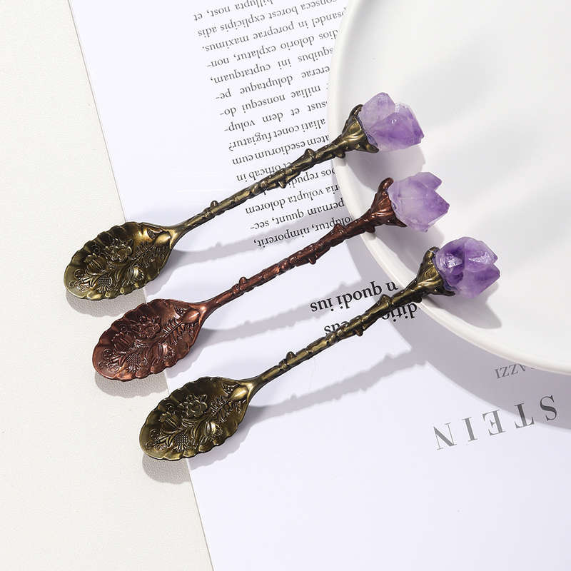 1pc Natural Amethyst Cluster Teaspoon Tooth Flower Gem Sweetmeats Spoon Decorate Gift