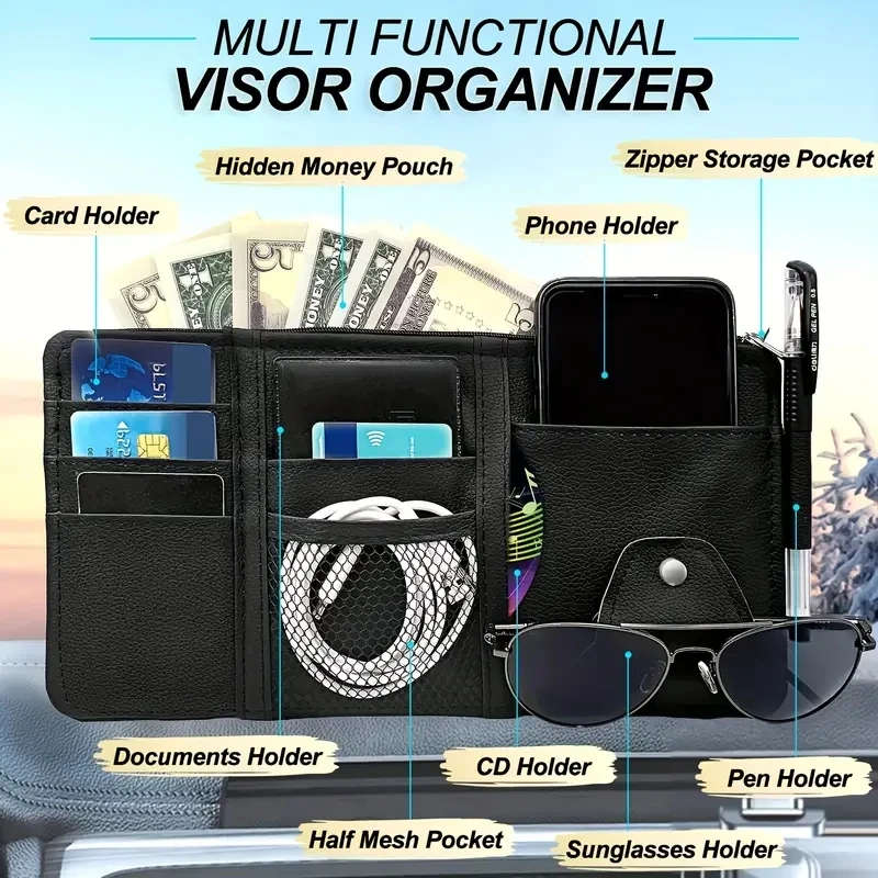 1pc Car Sun Visor Organizer Multi-functional Car Glasses Clip Card Bag Wallet With Zipper Applicab