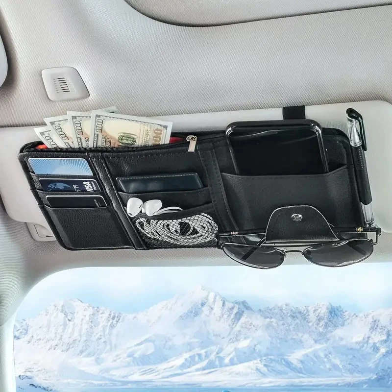 1pc Car Sun Visor Organizer Multi-functional Car Glasses Clip Card Bag Wallet With Zipper Applicab