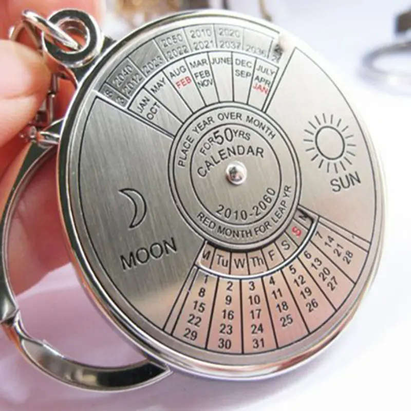 1pc Perpetual Calendar Keychain Silvery Alloy Pendant Fashion Vintage Car Keyring Ornament Bag Purse