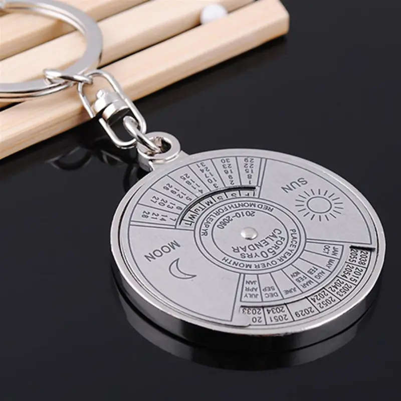 1pc Perpetual Calendar Keychain Silvery Alloy Pendant Fashion Vintage Car Keyring Ornament Bag Purse