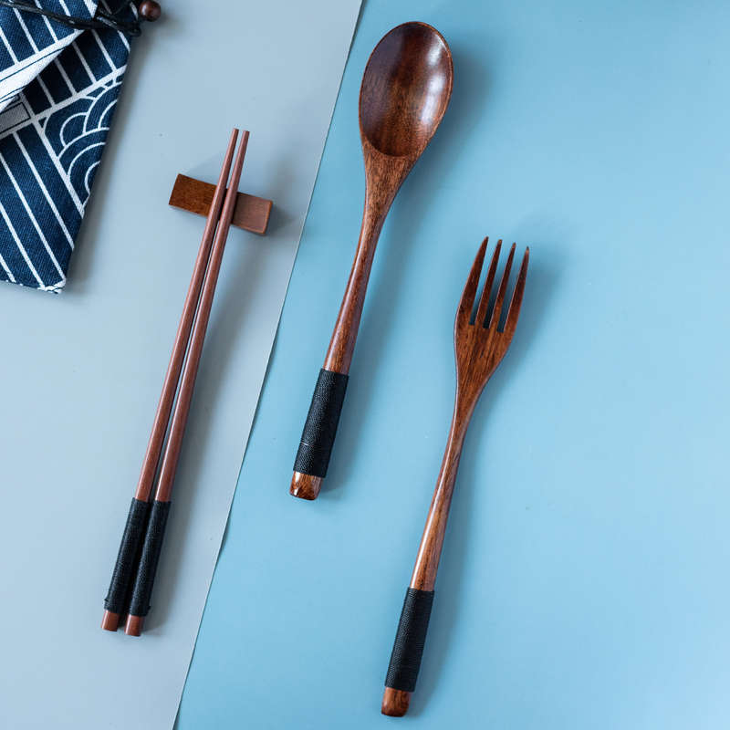 3pcs Japanese-Style Wooden Tableware Set Spoon Chopsticks Fork Convenient Stylish