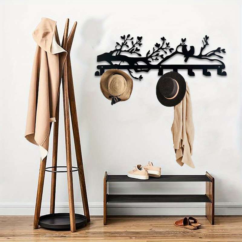 Fashion Black Metal Coat Hooks Wall Mount Bird Branch Design Easy Install Entryway Organizer Mode