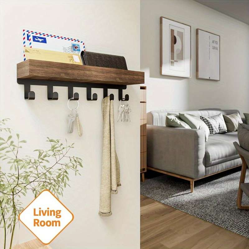 Rustic Wooden Key Holder with Tray and 6 Hooks Wall Mounted Key Rack Easy Install Mail Organizer f