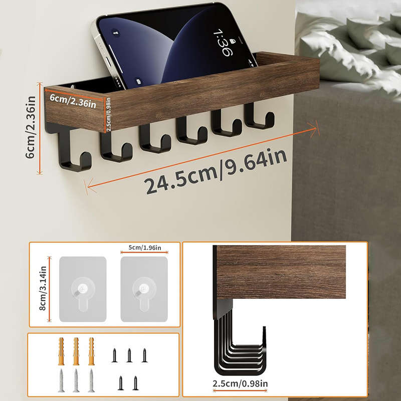 Rustic Wooden Key Holder with Tray and 6 Hooks Wall Mounted Key Rack Easy Install Mail Organizer f