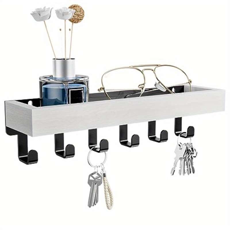 Rustic Wooden Key Holder with Tray and 6 Hooks Wall Mounted Key Rack Easy Install Mail Organizer f