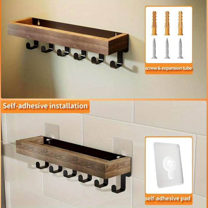 Rustic Wooden Key Holder with Tray and 6 Hooks Wall Mounted Key Rack Easy Install Mail Organizer f