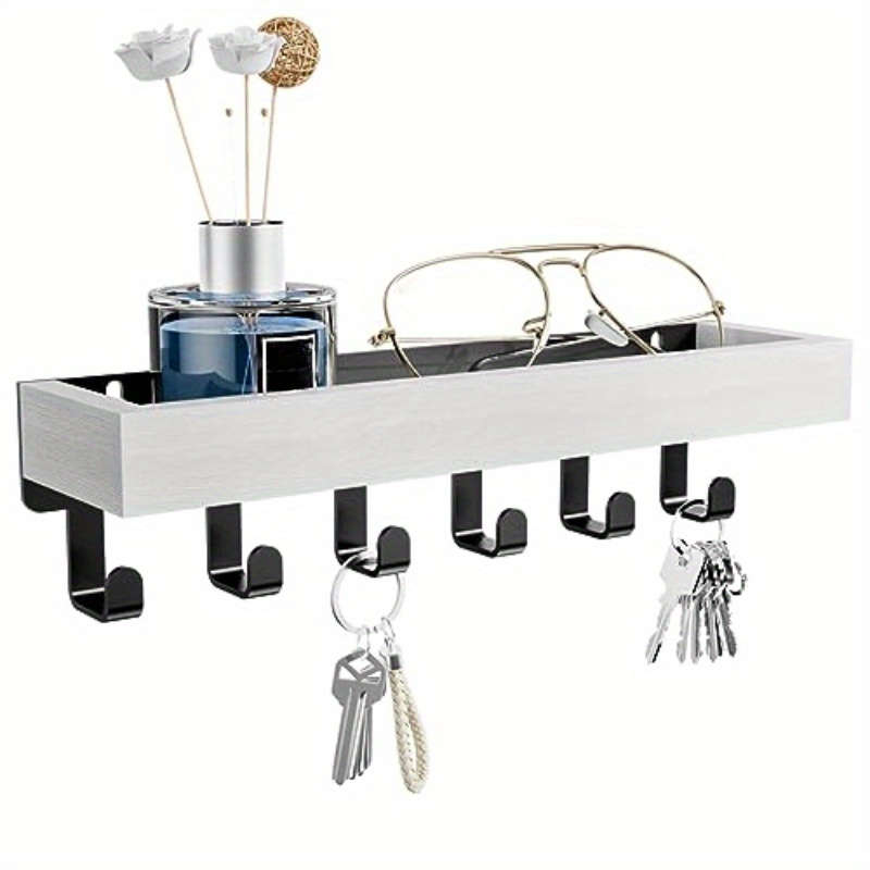 Rustic Wooden Key Holder with Tray and 6 Hooks Wall Mounted Key Rack Easy Install Mail Organizer f