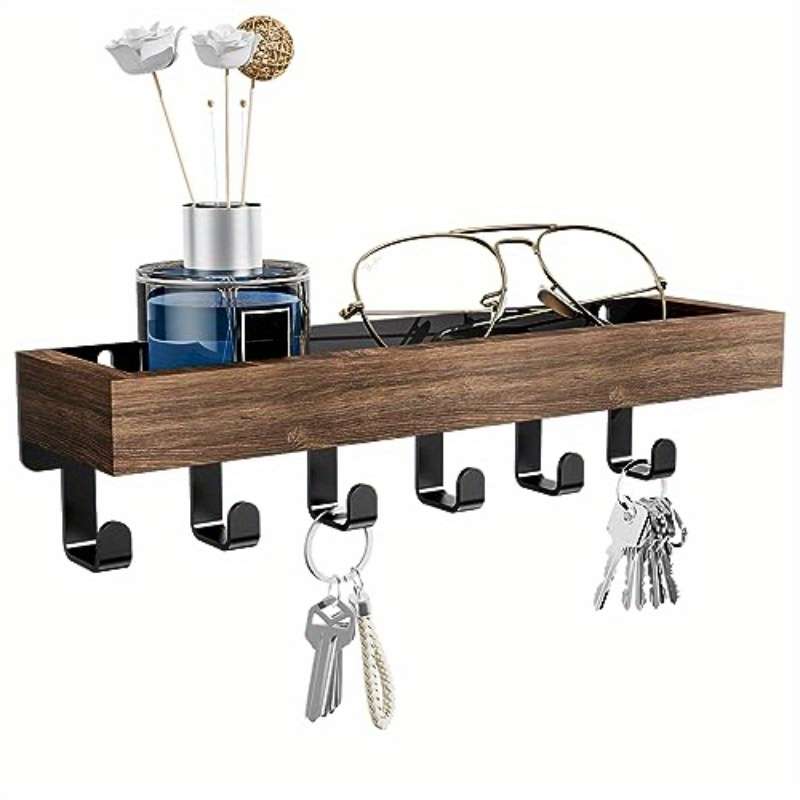 Rustic Wooden Key Holder with Tray and 6 Hooks Wall Mounted Key Rack Easy Install Mail Organizer f