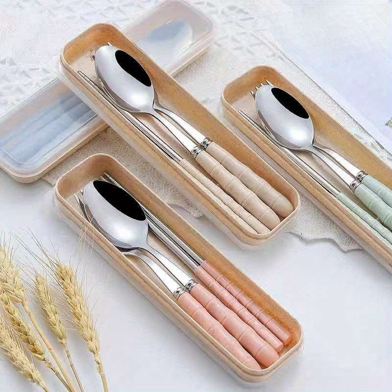 4pcs Stainless Steel Portable Cutlery Set Includes Knife Fork Spoon Chopsticks for Travel